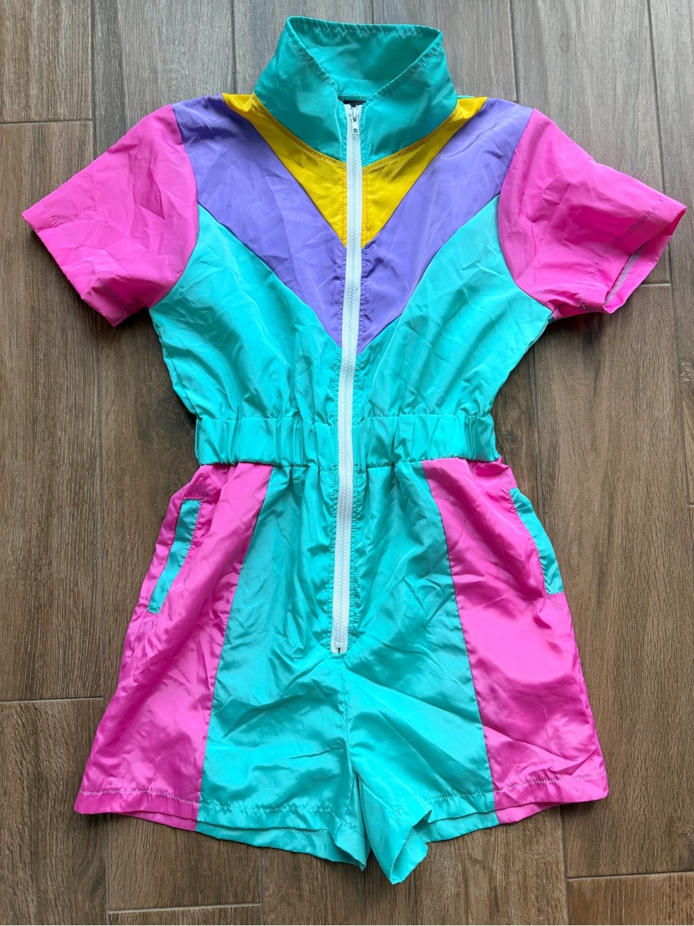 Kids Colorblock Short Romper - Teal, Pink & Purple